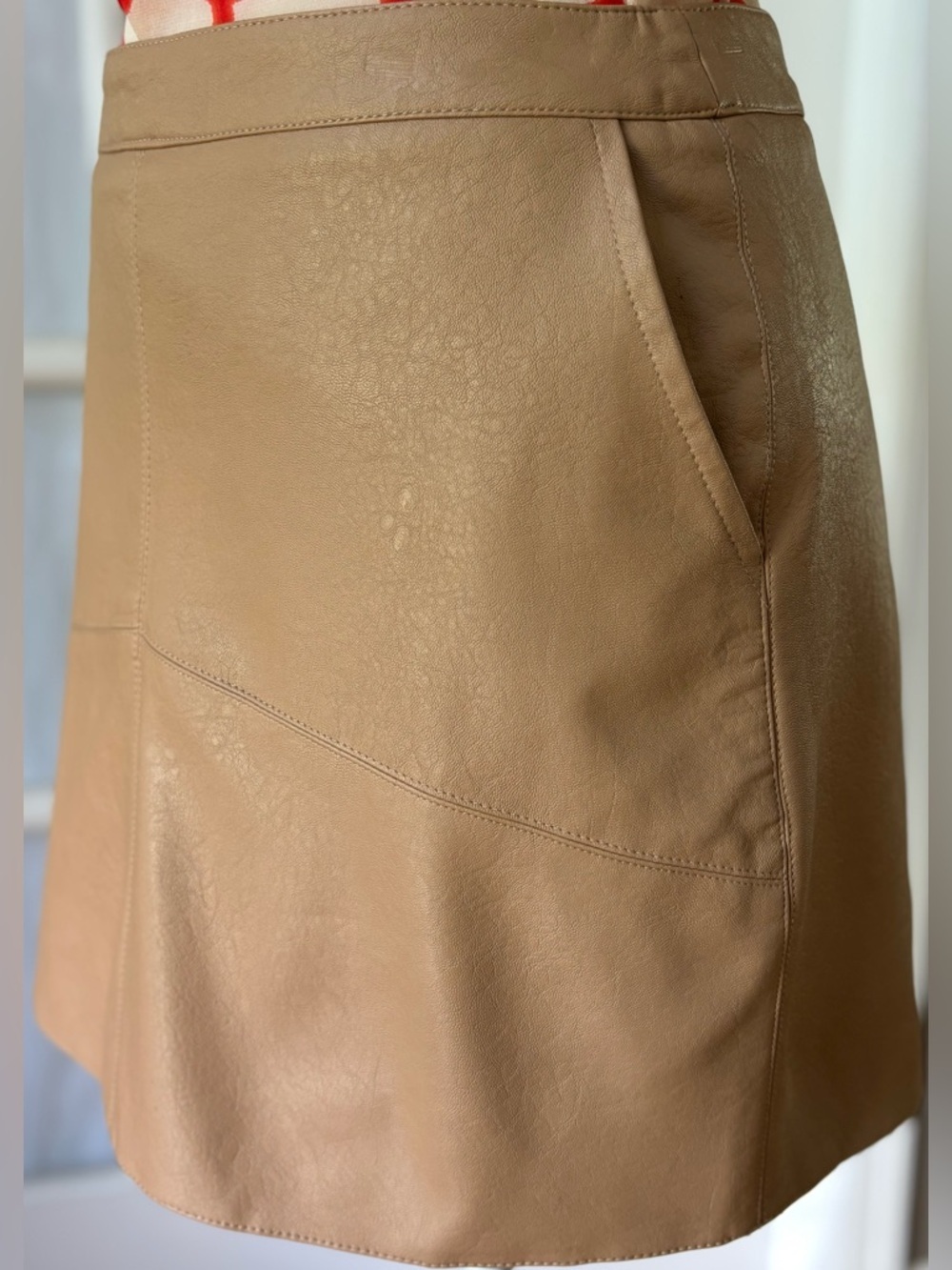 Lulus Faux Leather Mini Skirt Tan A-Line High Waist Zip Back Size M